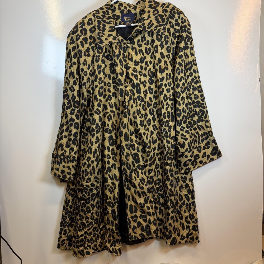 Dennis Basso Coat Womens 2X Brown Leopard Animal Print Silk Blend Overcoat - Picture 1 of 10